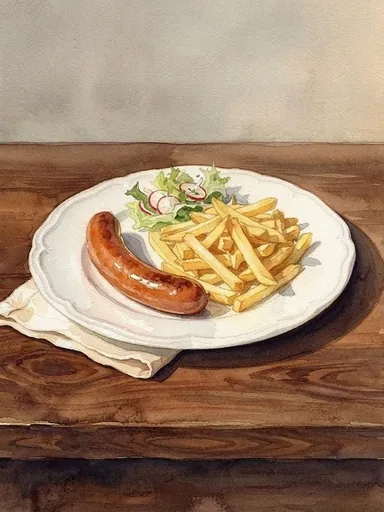 Aquarell: Bockwurst mit Pommes frites