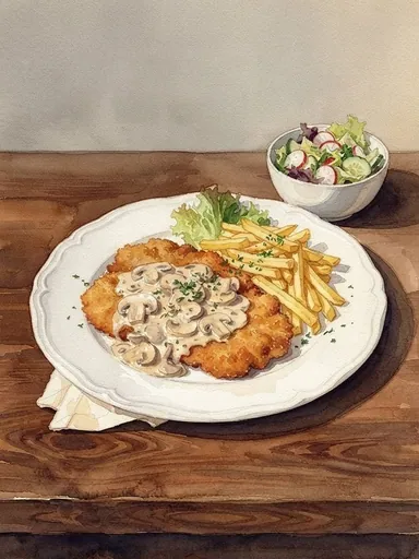 Aquarell: Schnitzel mit Champignons à la Crème