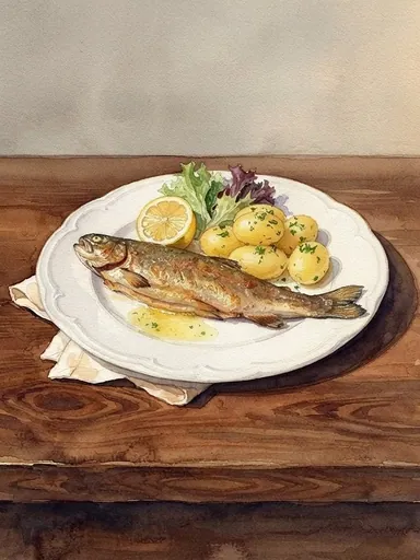 Aquarell: Filetierte Forelle „Müllerin Art“
