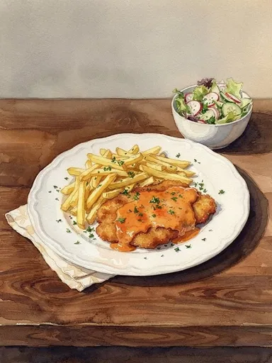 Aquarell: Schnitzel in Paprikarahm