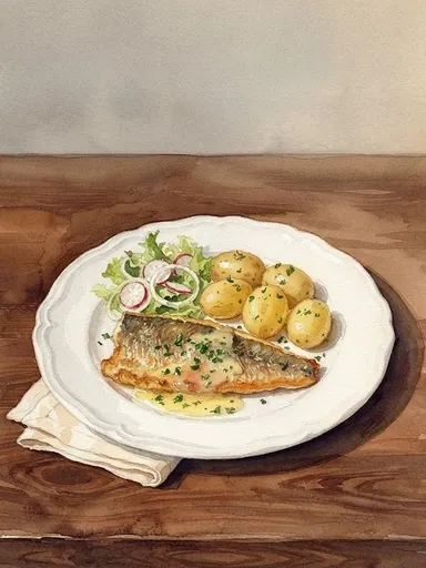Aquarell: Gebratenes Rotbarschfilet