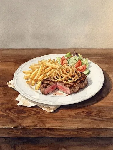 Aquarell: Argentinisches Rumpsteak mit Röstzwiebeln