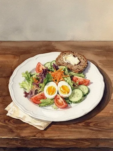 Aquarell: Salatplatte mit Ei