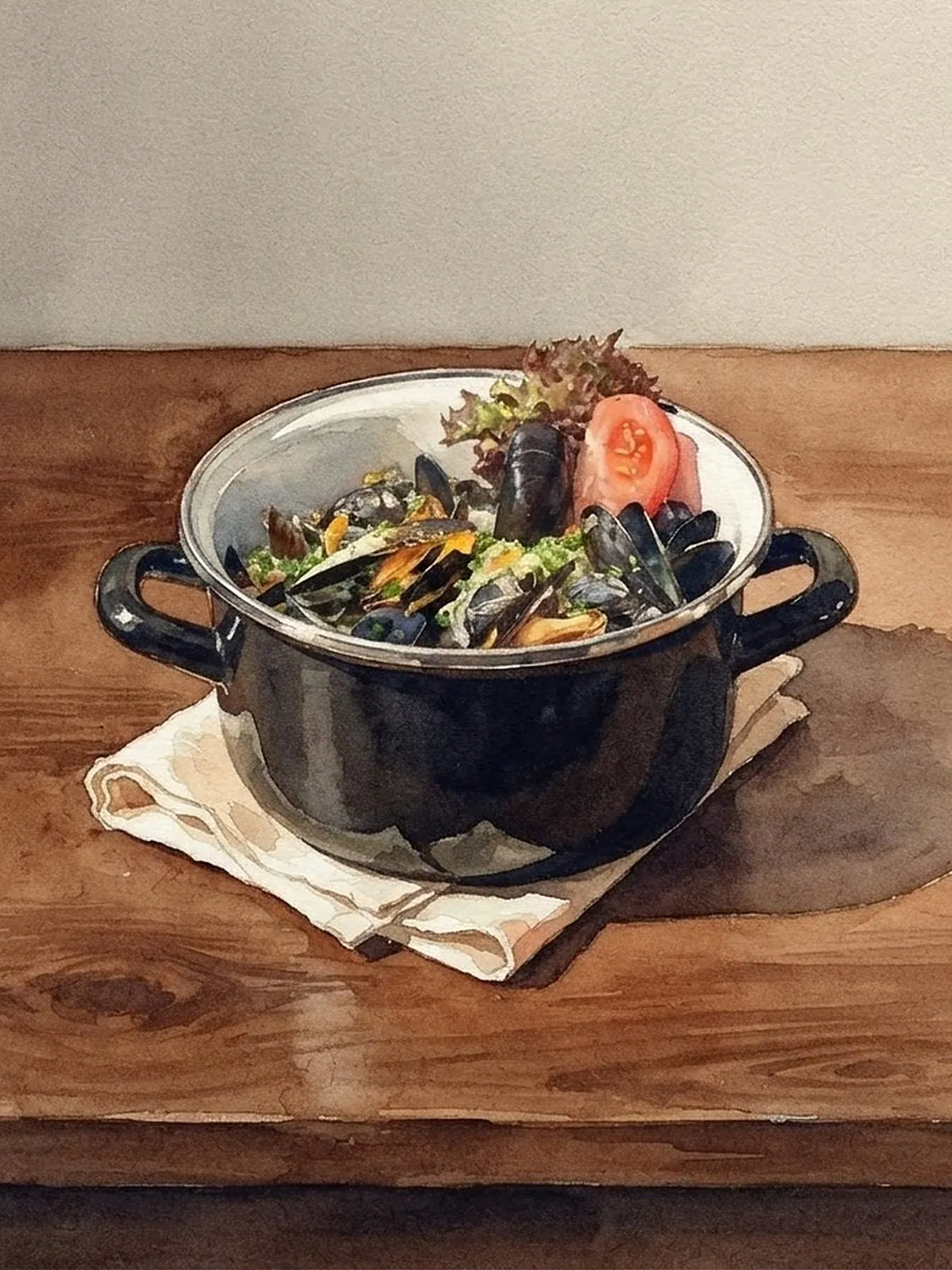 Aquarell nach einem Foto aus unserer Küche: Miesmuscheln mit Gemüse und Kräutern im Topf