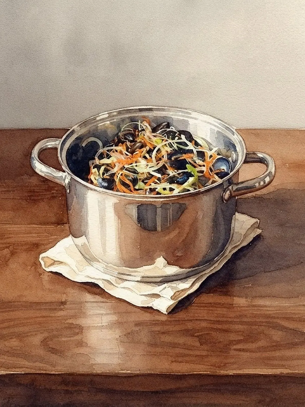 Aquarell nach einem Foto aus unserer Küche: Miesmuscheln mit feinen Gemüsestreifen