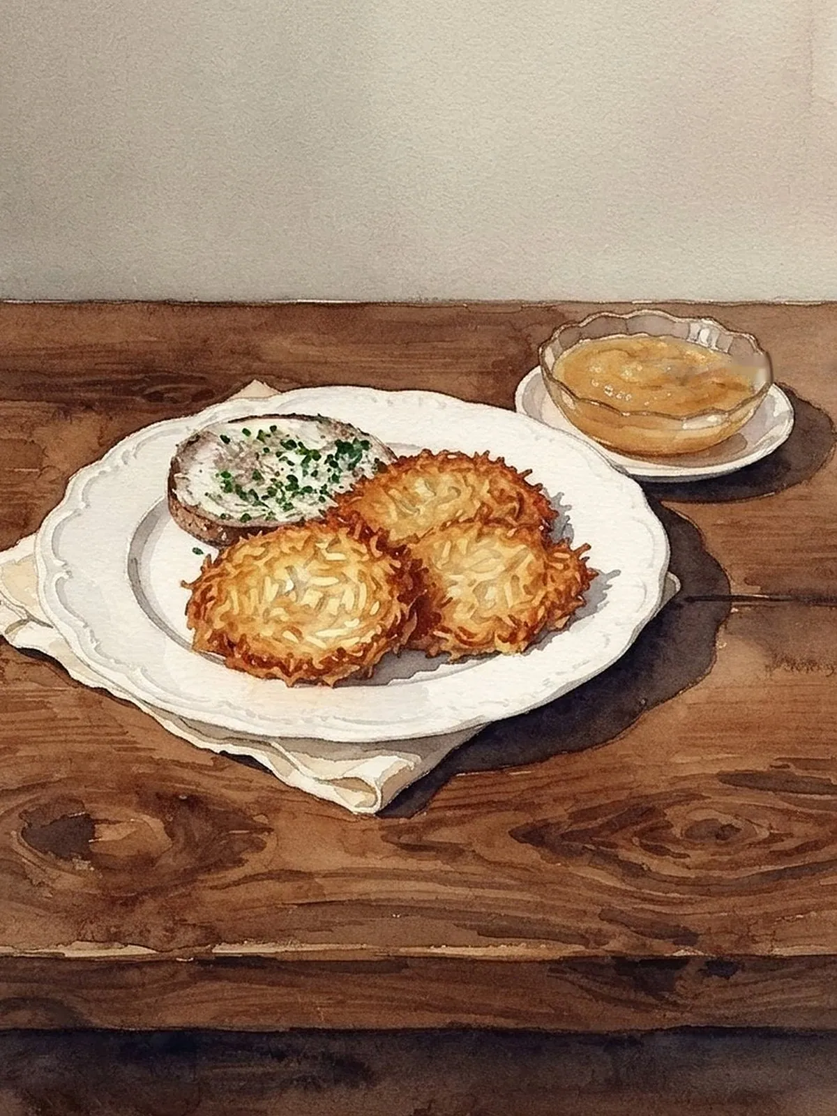 Aquarell nach einem Foto aus unserer Küche: drei Reibekuchen mit Apfelmus und einer Scheibe Brot