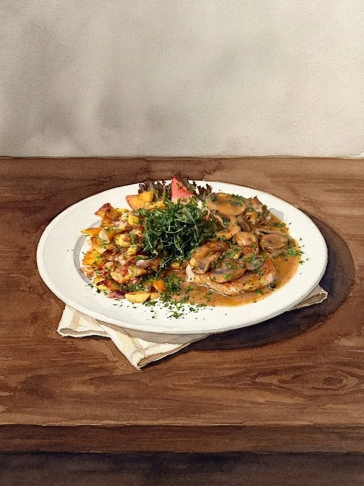 Aquarell nach einem Foto aus unserer Küche: Fleisch in Champignonrahm mit Bratkartoffeln