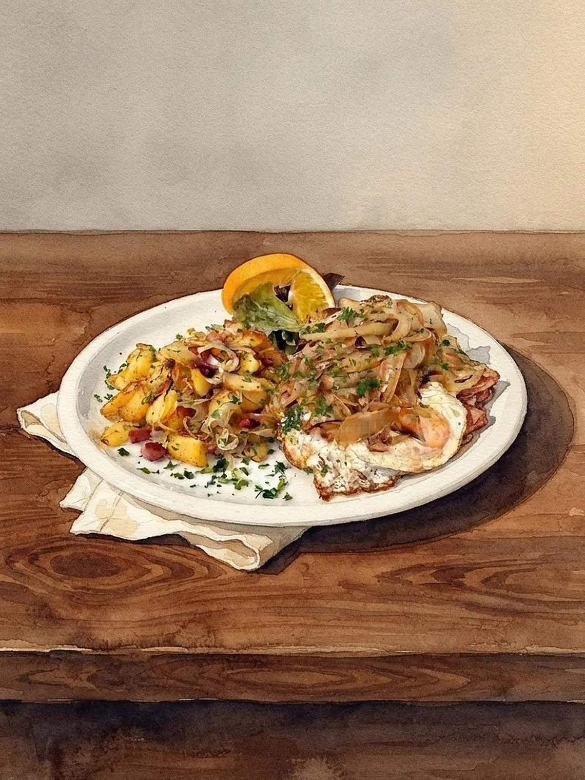 Aquarell nach einem Foto aus unserer Küche: Fleisch mit Zwiebeln, Speck und Spiegelei, dazu Bratkartoffeln