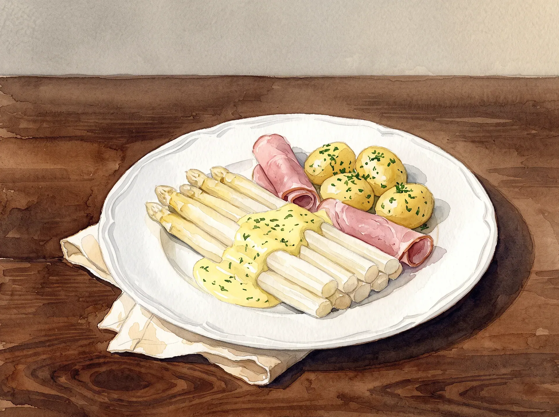 Weißer Spargel mit Sauce Béarnaise, Schinken und Salzkartoffeln